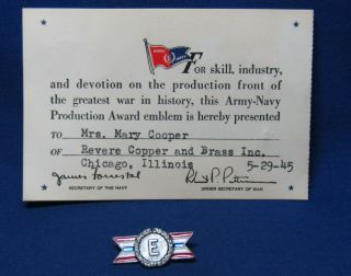 Wwii Sterling Army - Navy E For Production Award Pin To Company With Card