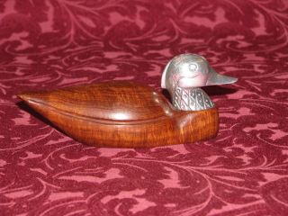 Vintage Carved Wood Duck Decoy With Etched Metal Head Design