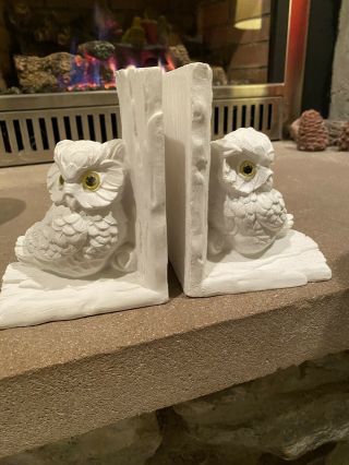 Vintage White Alabaster Owl Bookends Made In Italy