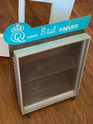 Vintage Queen Steel Knives Hardware Store Display Case W/ Advertising Sign