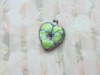 Vintage Sterling Silver Enameled Puffy Heart Charm - Lime Yellow Pansy
