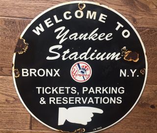 Vintage York Yankees Stadium Baseball 11 3/4 " Porcelain Sign Dated 1955