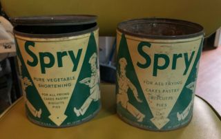 Vintage Lever Bros.  Spry Vegetable Shortening 3 Lb.  Tin Litho Can Set Of 2