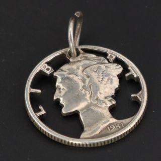 Vtg Sterling Silver - Us Mercury Dime Liberty Coin Cutout Money Pendant - 2g