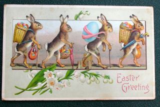 Vintage German Easter Postcard,  Rabbits Carrying Easter Eggs In Baskets