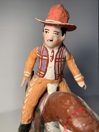 Vintage Mexican Mexico Folk Art Paper Mache Papier - mâché Man On Horse Cowboy 3