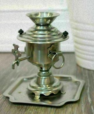 Vintage Miniature Russian Samovar W Tray Souvenir 20th Century Nickel Plated