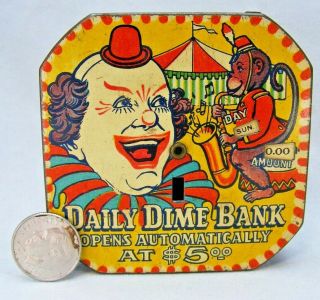 1950s Circus Clown Vintage Daily Dime Bank Ex Tin Registering Toy