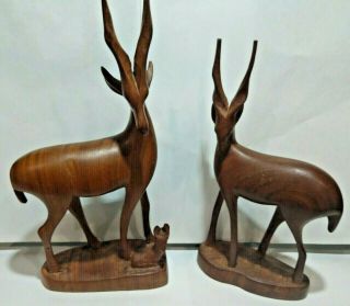Vintage Set Of 2 Antelope / Gazelle Family Wood Carvings Solid Wood By Besmo