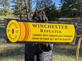 Lg Old Vintage Winchester Repeater Ammunition Porcelain Enamel Sign Bullets Ammo