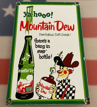 Vintage Ya - Hoo Mountain Dew Hillbilly Porcelain Sign Pepsi Bottle Soda Pop Jug