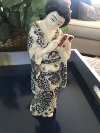 Porcelain Geisha Figurine,  Hand Painted,  Japanese Geisha In Kimono 10 "
