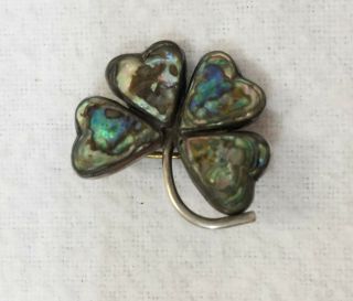 Brooch Pin 4 Leaf Clover Abalone Mother Of Pearl Sterling Silver Vintage