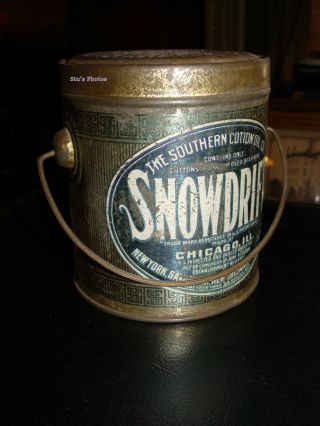 Scarce Antique Snowdrift Lard Bail Handled Tin Southern Cotton Oil Co.