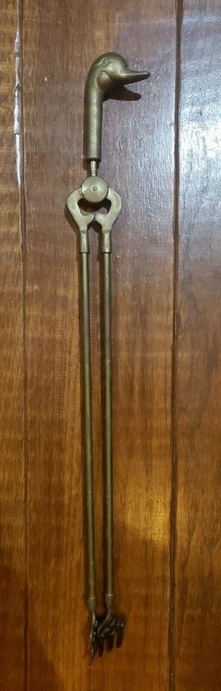 Vintage Brass Tone Fireplace Tool Tongs Duck Head 27” Long Replacement Part