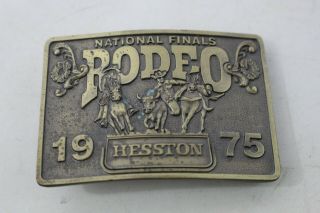 Vintage 1975 Hesston National Finals Rodeo Brass Belt Buckle Cow Horse Farm - A5