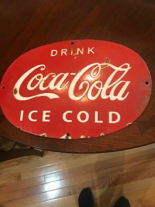 Vintage Antique Oval Porcelain Enamel Coca - Cola Sign Large