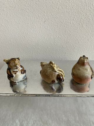 Set Of 3 Japanese Raccoon Dog Clay Bell Pottery Tanuki Lucky Charm