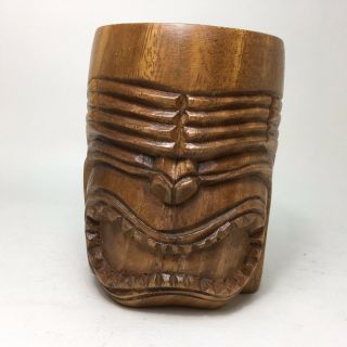 Vintage Tiki Face Hand Carved " Monkey Pod " Wood Mug Cup
