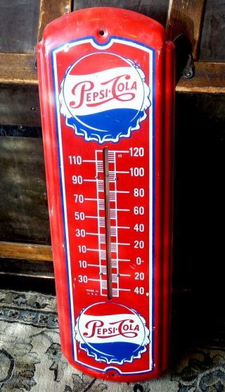 Vintage 27 " X 8 " Metal Tin Pepsi Pepsi - Cola Advertising Wall Thermometer