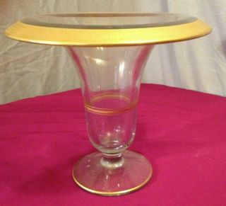 Vintage Large Clear Glass Vase W/ Gold Trim 8¾ " High X 10 " Dia ¾ " Gold Edge