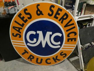 Porcelain Gmc Sales And Service Double Sided Dealer Sign 42 Inches