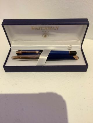 Set Of 2 Waterman Paris Blue Gold Tone Writing Ballpoint Pens With Box