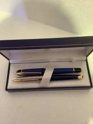 Set Of 2 WATERMAN PARIS Blue Gold Tone Writing Ballpoint Pens With Box 3