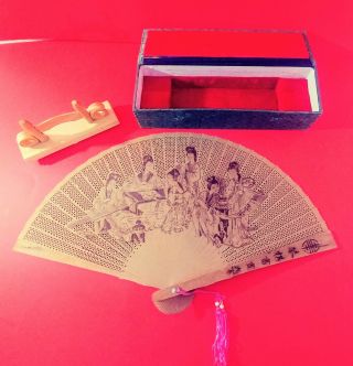 Vintage Japanese Carved Wood Folding Hand Fan With Stand & Box