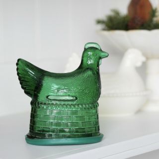 Vintage Green Glass Hen On Nest Bank - Antique Bank - Bubbly Glass Bank