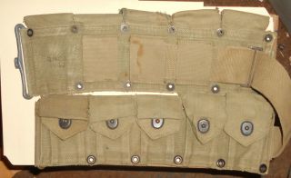 WWII US ARMY M1 GARAND RIFLE AMMO BELT 10 POUCHES REPAIRED RM CO. 3