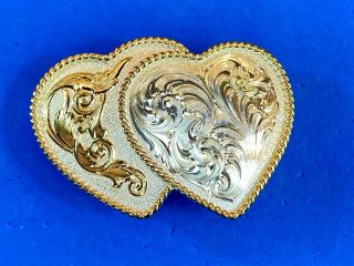 Vintage Dual Two Hearts Mixed Metal Belt Buckle By Montana Silversmiths