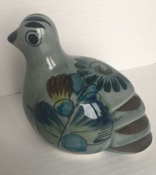 Vintage Tonala Pottery Hand Painted Ceramic Bird Blue Signed Mexico Folk Art