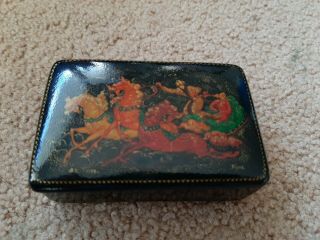 Palekh Ussr Mini Russian Lacquer Box Hand Painted Signed 3.  5 " X 2 " Troika Horses