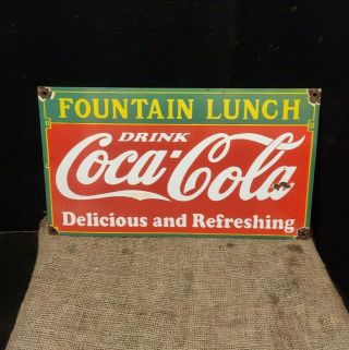 Coca Cola Fountain Lunch Porcelain Enamel Advertising Sign 24 X 14 Inches