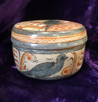 Vintage Tonala Mexico Hand Painted Folk Art Pottery Round Box Bird Dove Motif