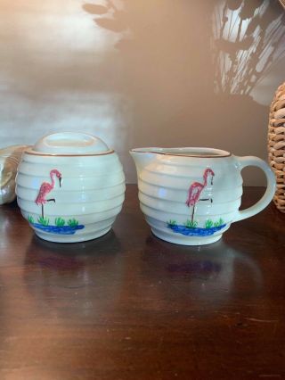 Vintage Porcelier Vitreous Pink Flamingo Cream And Sugar Set Mcm Ceramic China