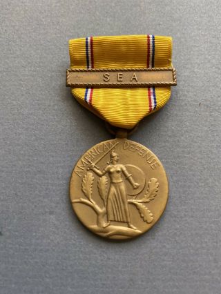 Vintage Ww Ii American Defense Medal With Sea Bar