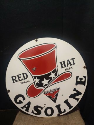 Red Hat Gasoline Porcelain Enamel Sign 30 In Ssp Single Side