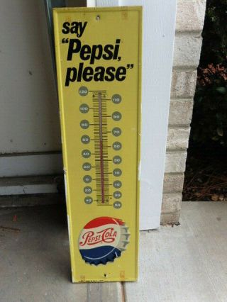 1960s Say Pepsi Please Tin Litho Thermometer Ad Sign W Bottle Cap Logo @@