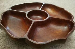 Vintage Carved Monkey Pod Wood Divided Serving Tray Chip Dip Dish Bowl 12 " X12 "