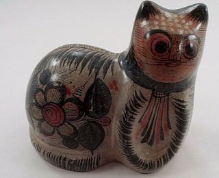 Old Tonala Mexican Folk Art Handpainted Cat Figurine W/ Bird & Rabbit Hare Motif