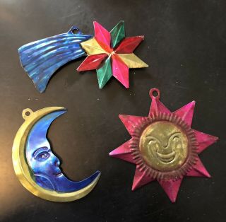 3 Vtg Mexican Tin Folk Art Christmas Ornaments - Moon Sun Shooting Star