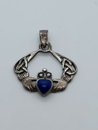 Vintage Sterling Silver Blue Lapis Heart Irish Claddagh Celtic Pendant