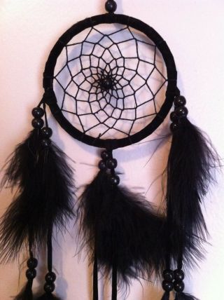 Cherokee Handmade Dream Catcher Black Wood Beads,  Black Feathers