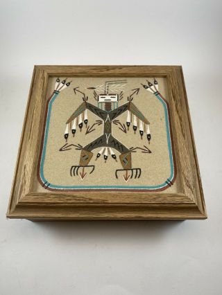 “thunderbird And Rainbow” Vintage Navajo Sand Art Box,  Signed By The Artist