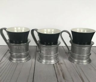 Vintage Wilton Pewter Tavern Fancy Coffee/tea Cups Black Ceramic Inserts Set 3