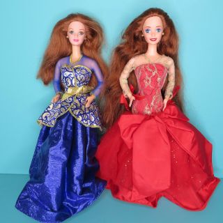 Vintage Barbie Radiant In Red Portrait In Blue 2 Red Hair Gown Dressed Dolls
