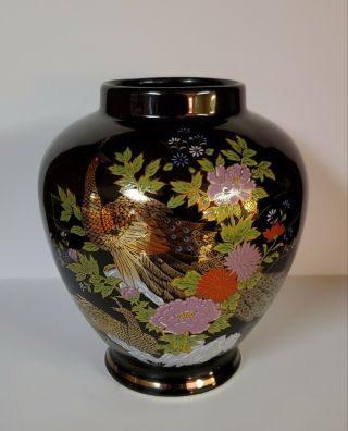 Vintage Japanese Black Ceramic Vase With Painted Peacock,  Flowers.