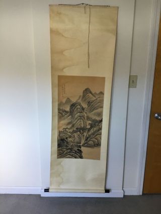 Old Chinese Signed Scroll Painting Of Mountains